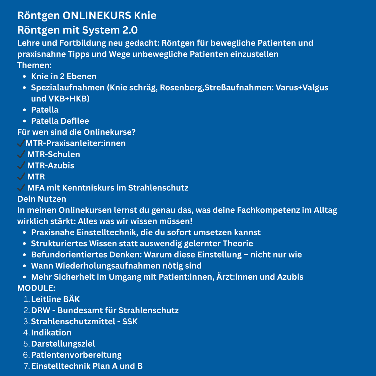 Knie in 2 Ebenen, Knie Spezialaufnahmen, Patella und Patella Defilee - Alles Einstellungssache